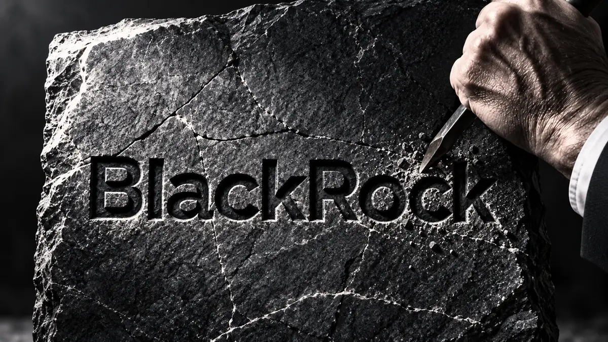 Illustrazione editoriale: una mano incide il nome BlackRock su una lastra di roccia